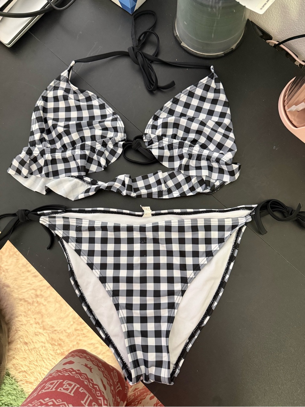 Black & White Gingham Ruffle Tie Bikini Set